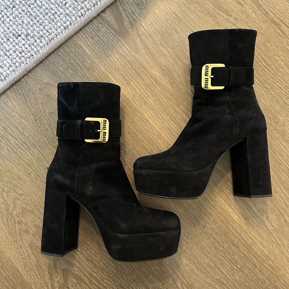 Miu Miu Shoes - Miu Miu Black Suede Heeled Boots with Gold Buckle